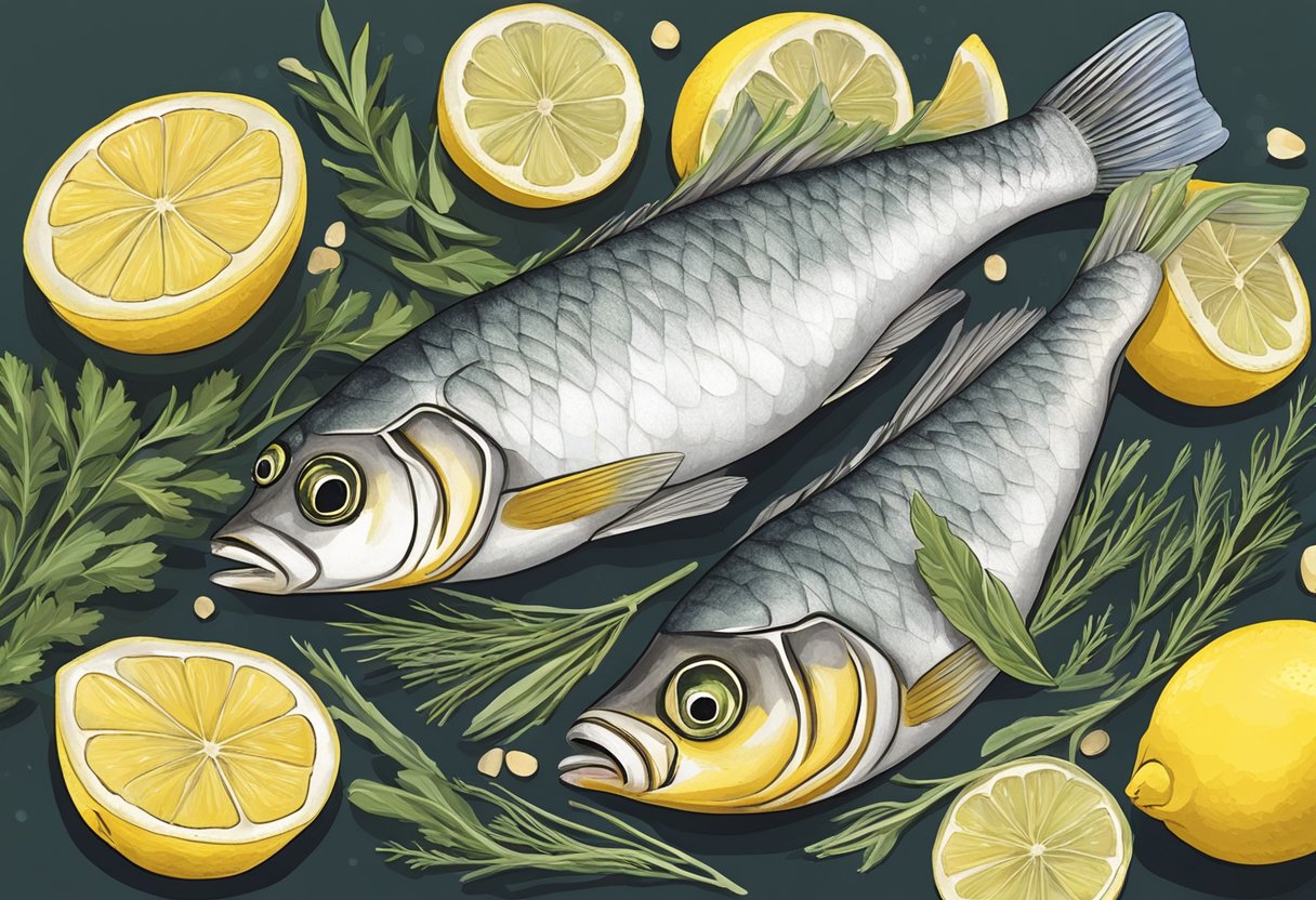 A goby fish lies on a bed of fresh herbs and sliced lemons, ready to be seasoned and grilled over an open flame