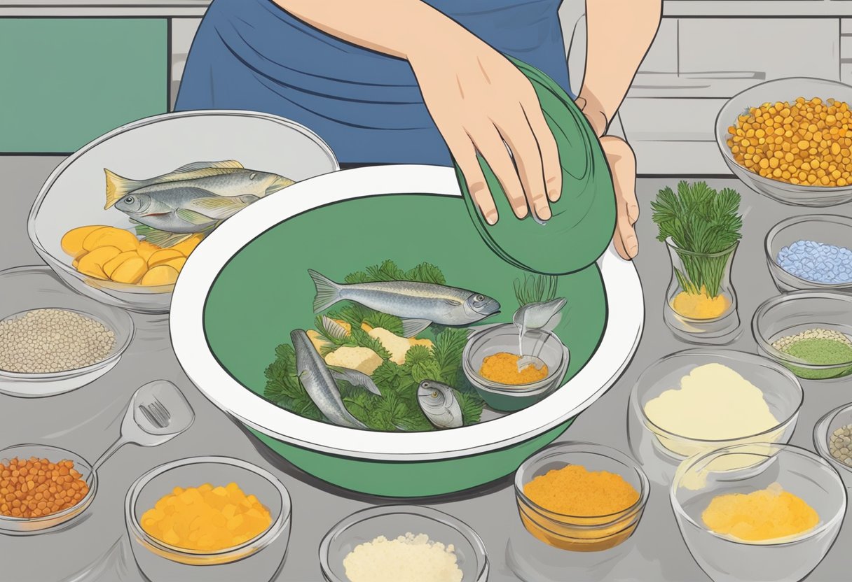 A hand mixing ingredients for Goby Fish recipe in a bowl