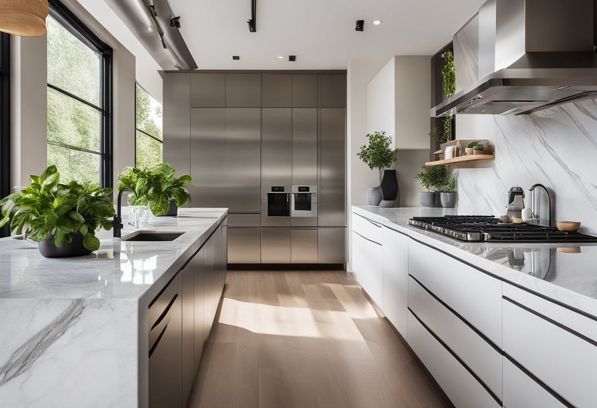 A modern kitchen with sleek cabinets, stainless steel appliances, and a large island with a marble countertop. The space is filled with natural light from large windows, and there are potted plants on the counter