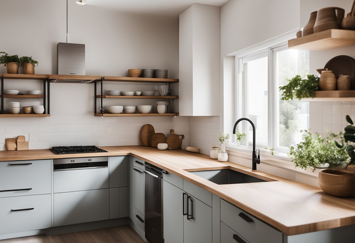 A minimalistic kitchen with clean lines, light wood cabinets, and open shelving. The space is bright with natural light and features simple, functional decor