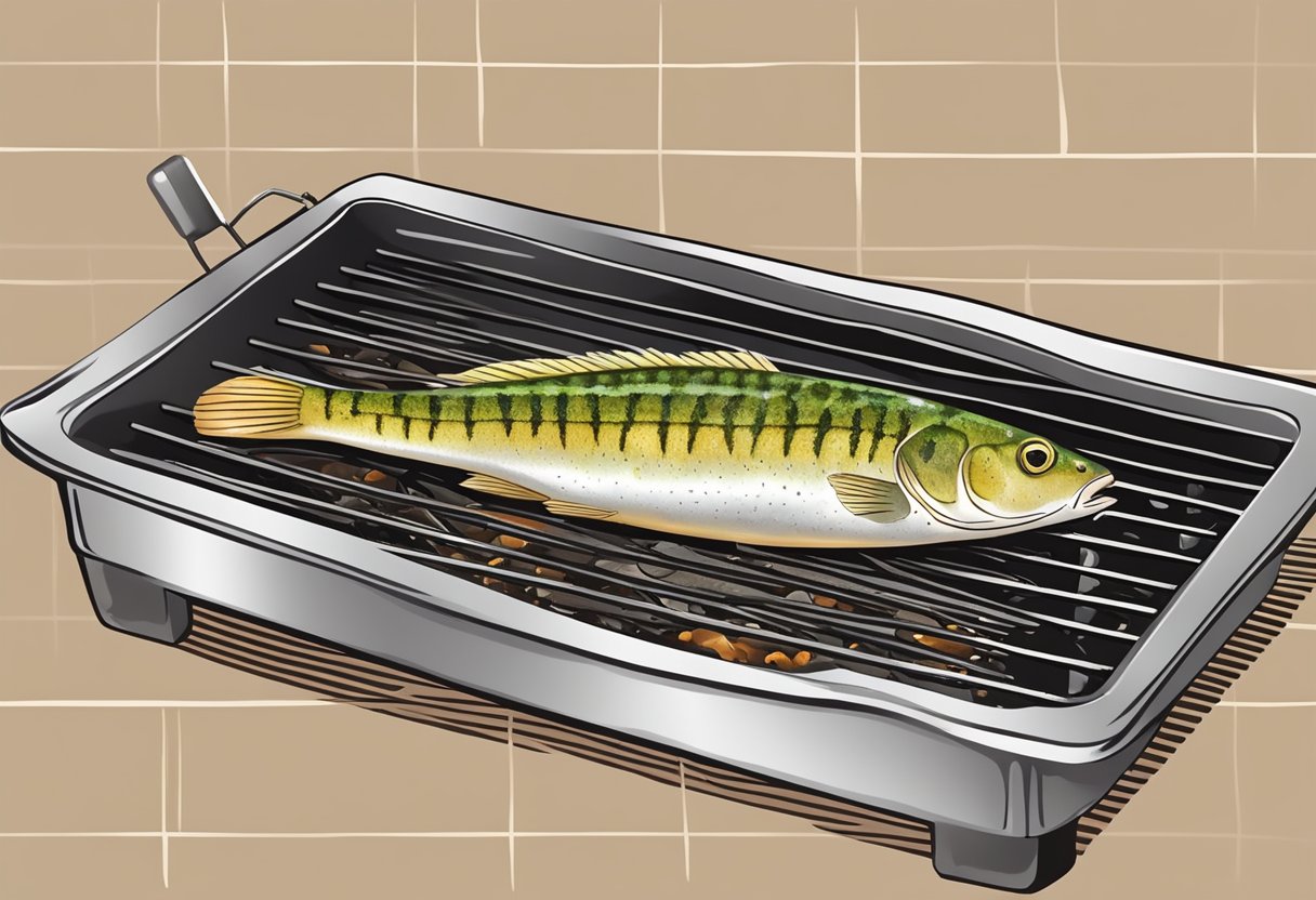 A goby fish is being seasoned with herbs and spices, then placed on a grill over hot coals to cook