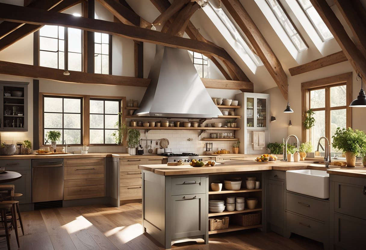 An A-frame kitchen with open shelving, a farmhouse sink, and a large center island. Sunlight streams in through the windows, casting a warm glow on the rustic wooden floors and exposed beams