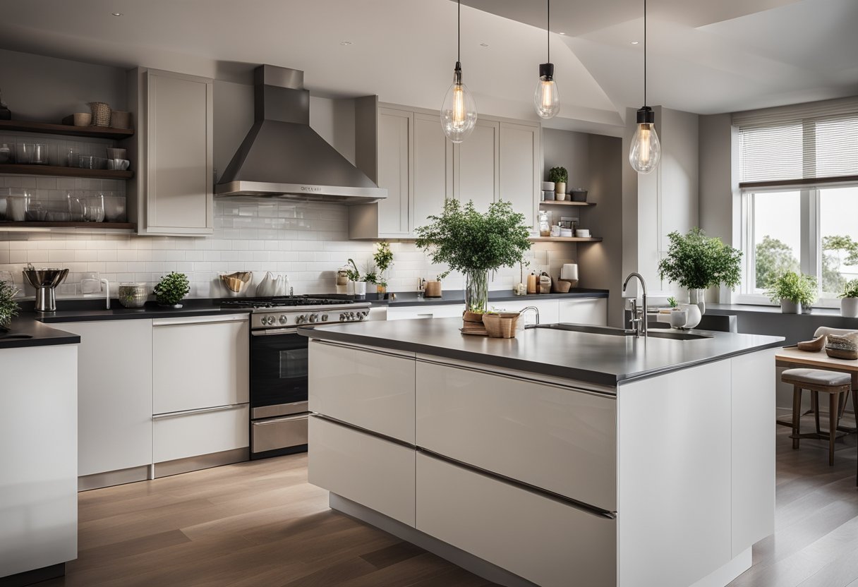 A spacious kitchen with a clear triangle design: stove on one side, sink on the other, and refrigerator on the third, all within easy reach