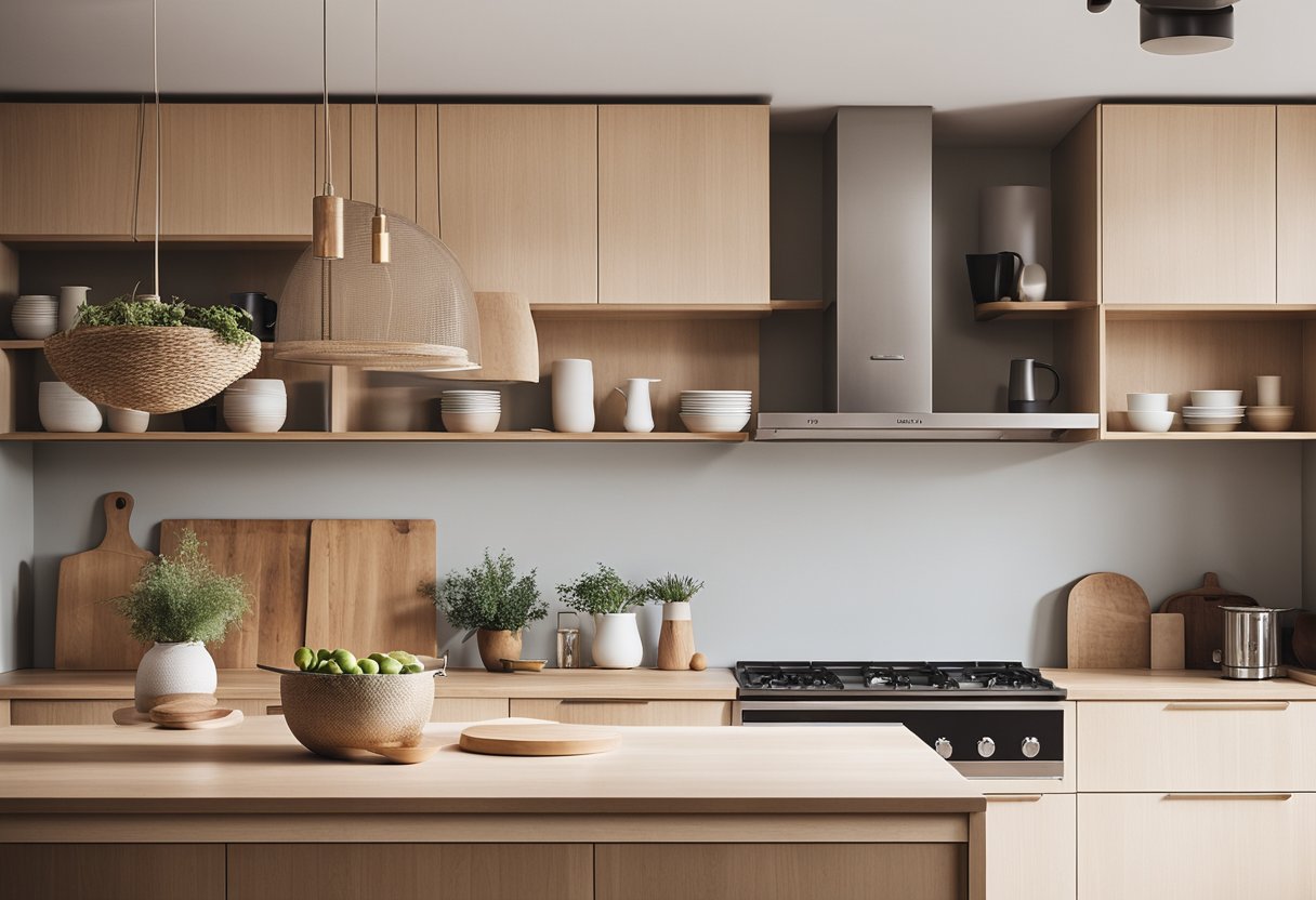 A bright, minimalist kitchen with clean lines, light wood cabinetry, and open shelving. Natural light floods the space, highlighting the functional and timeless design elements of Scandinavian style