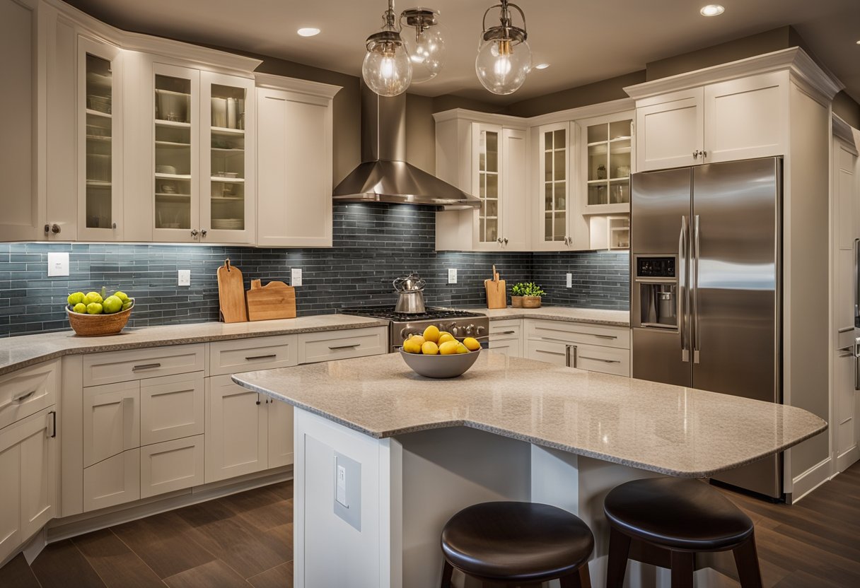 A kitchen being remodeled with new cabinets, countertops, and appliances