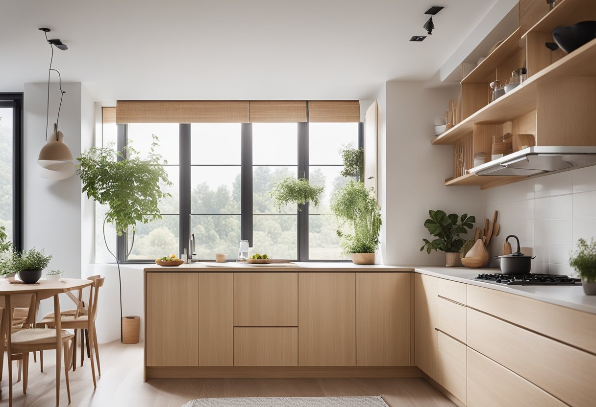 A spacious, bright kitchen with clean lines, light wood cabinets, and minimalist decor. A large window lets in natural light, and a cozy dining area completes the Scandinavian style
