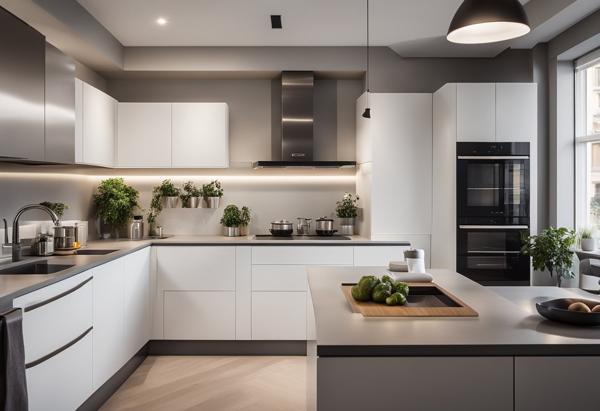 A modern kitchen with sleek lines, ample storage, and integrated appliances. Bright lighting and a minimalist color scheme create a clean and inviting space