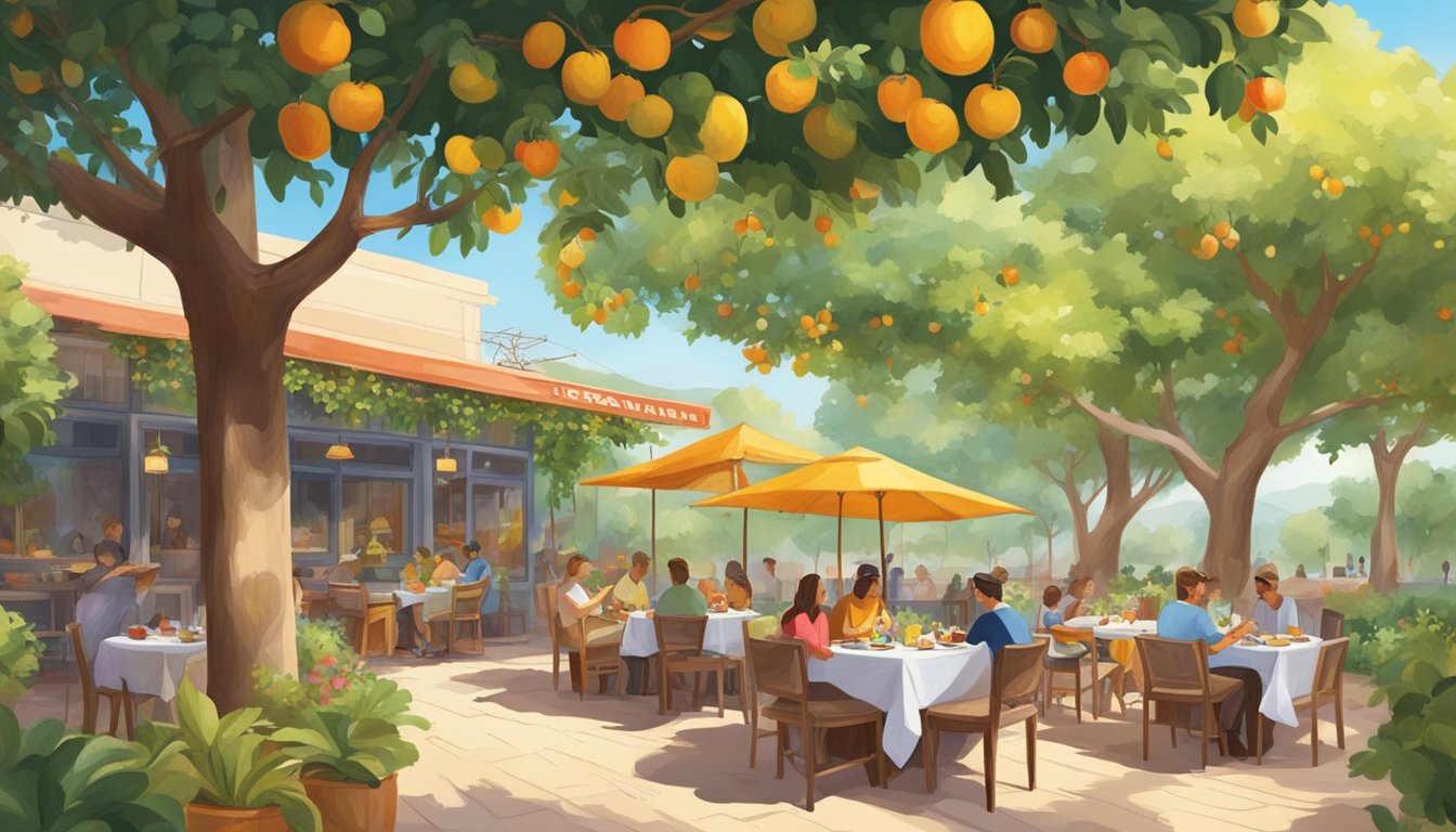 A lush orchard surrounds a cozy vegetarian restaurant, with diners enjoying fresh, colorful dishes under the shade of fruit trees