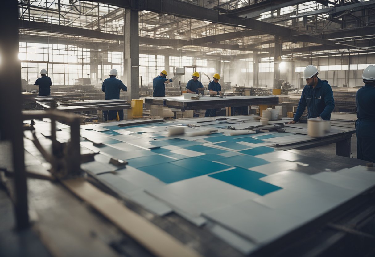 Architects drafting blueprints, workers laying tiles, and painters applying fresh coats of paint in a bustling construction site