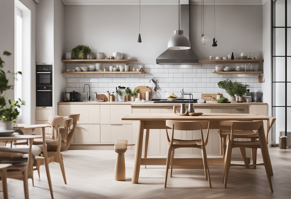 A bright, minimalist kitchen with clean lines and light wood accents. Open shelving, sleek appliances, and a cozy dining area complete the Scandinavian style