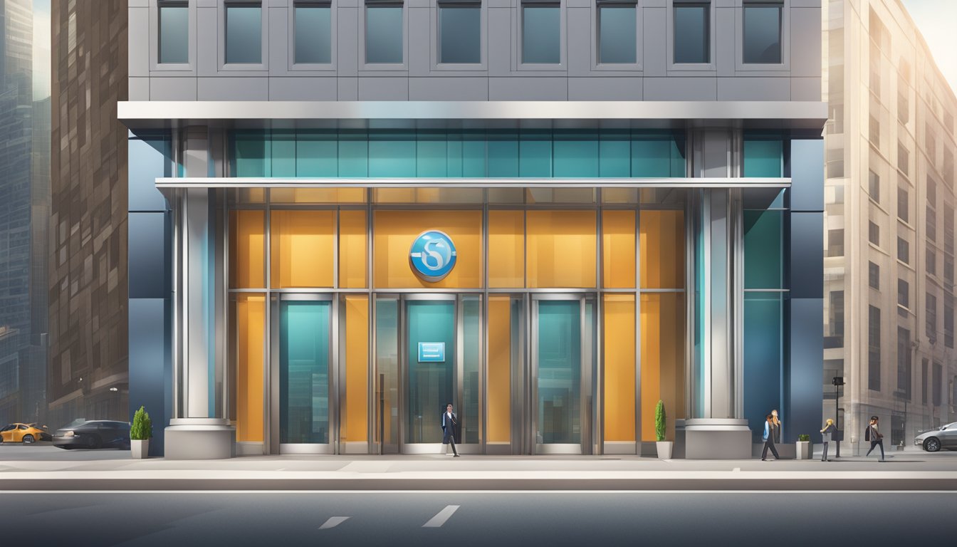 A modern bank facade with prominent signage, glass windows, and a sleek entrance, surrounded by a bustling cityscape