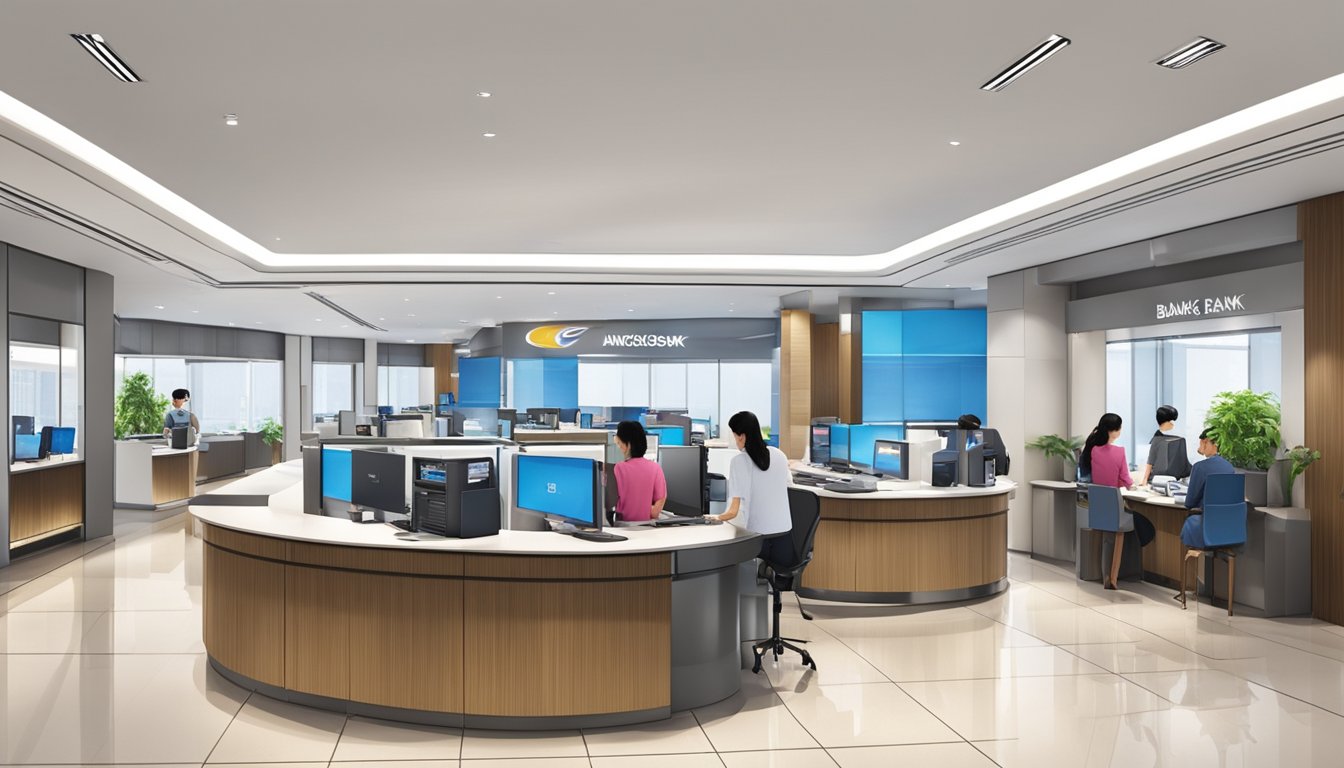 The Bangkok Bank Singapore branch is bustling with customers and staff. The sleek, modern interior features a prominent logo and various banking services