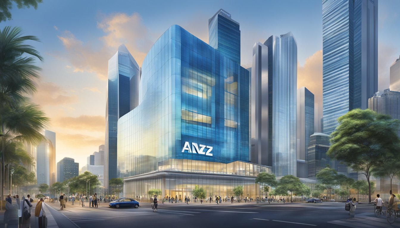 The ANZ Bank in Singapore, with its modern glass facade, stands tall against the city skyline, surrounded by bustling streets and a mix of traditional and contemporary architecture
