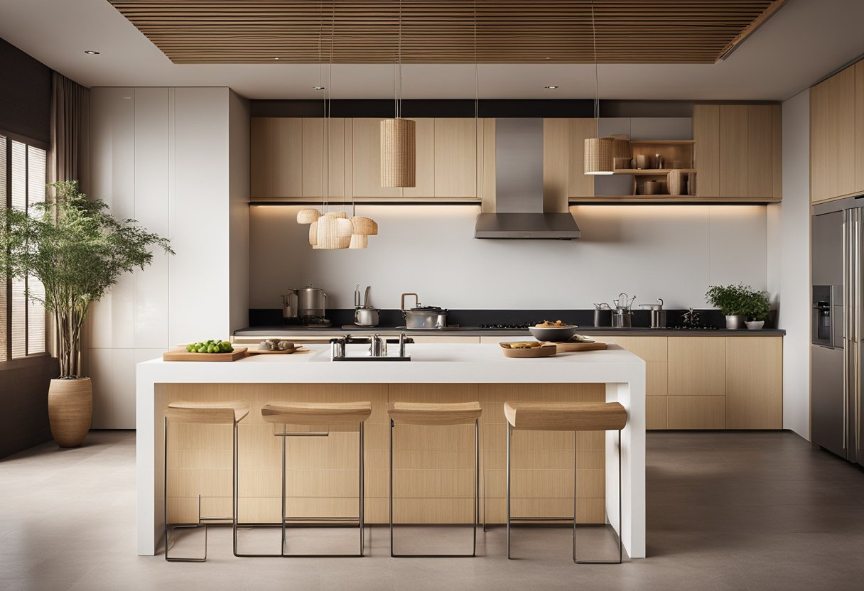 A spacious oriental kitchen with minimalist decor, featuring clean lines, natural materials, and a neutral color palette. A large central island with a sleek cooktop, surrounded by bamboo cabinets and paper lantern lighting