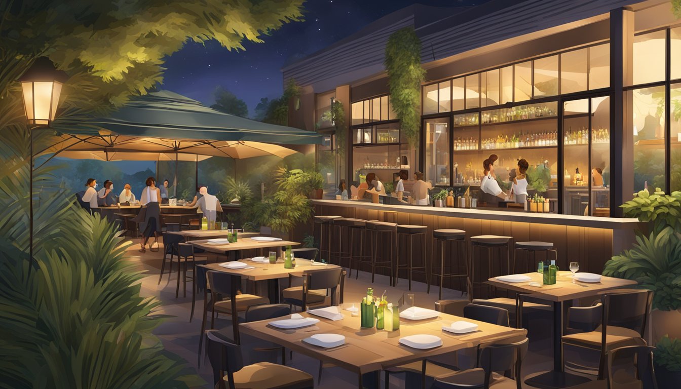 A bustling restaurant & bar with contemporary decor, dim lighting, and a spacious outdoor seating area surrounded by lush greenery