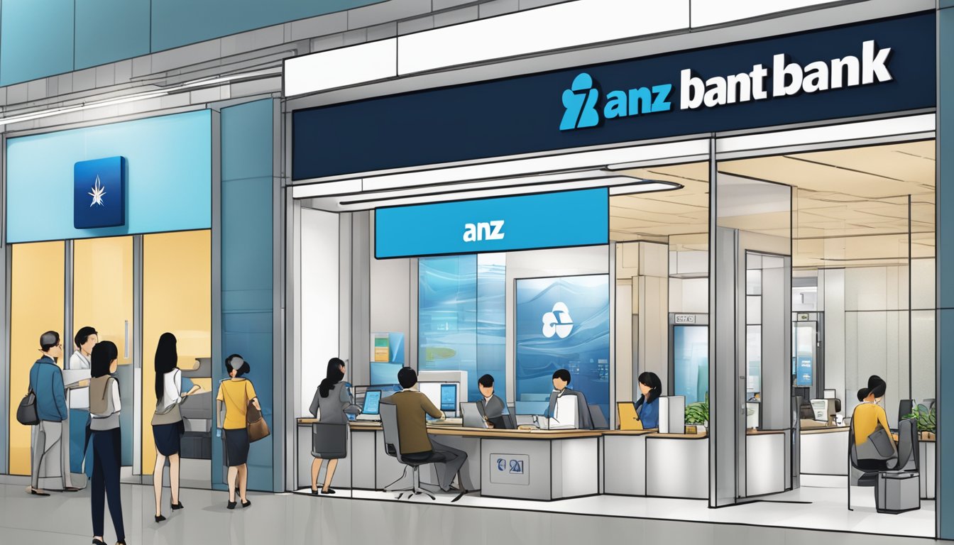 A bustling ANZ Bank branch in Singapore, with customers at teller windows and staff assisting at desks. The bank's logo prominently displayed
