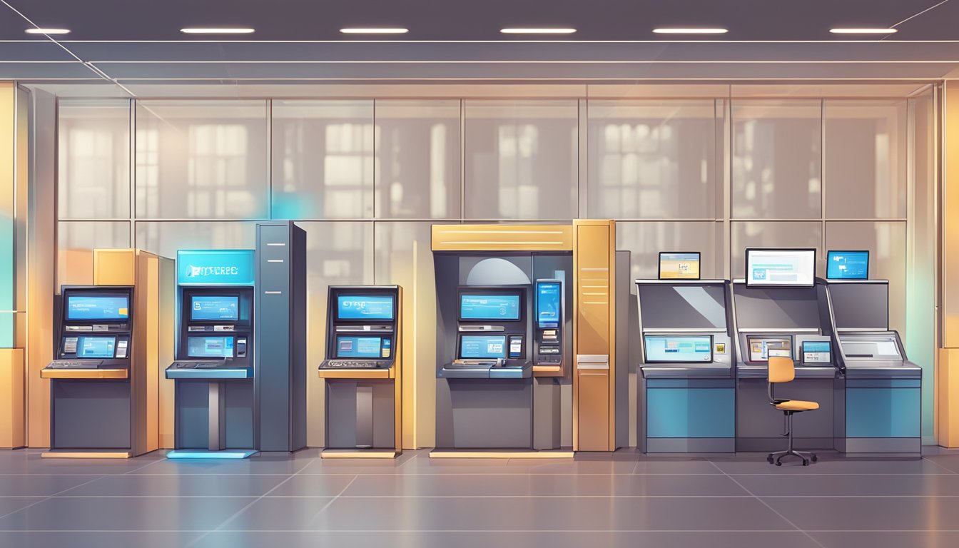 A modern bank branch with various service counters, ATMs, and digital screens displaying banking information