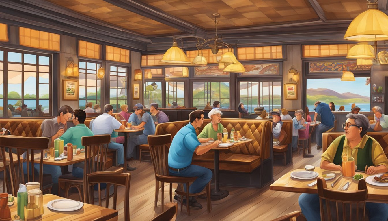 The bustling restaurant is filled with cozy booths and tables, adorned with checkered tablecloths. The aroma of sizzling steaks and savory sauces fills the air, as patrons enjoy their meals and lively conversation