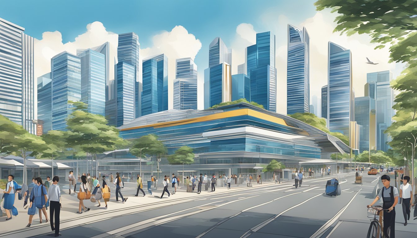 The bustling city of Singapore with iconic landmarks in the background, ANZ Bank's prominent presence and influence in the financial market is evident through its modern and sleek building design, with a steady stream of customers entering and exiting
