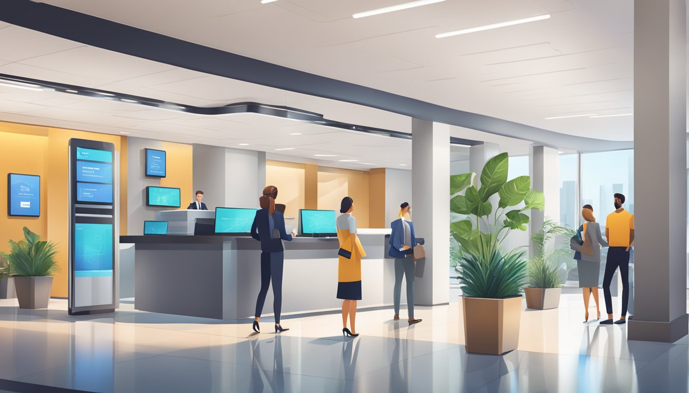 A bustling bank lobby with sleek, modern design. Digital screens display financial products and investment opportunities. Customers chat with advisors at desks