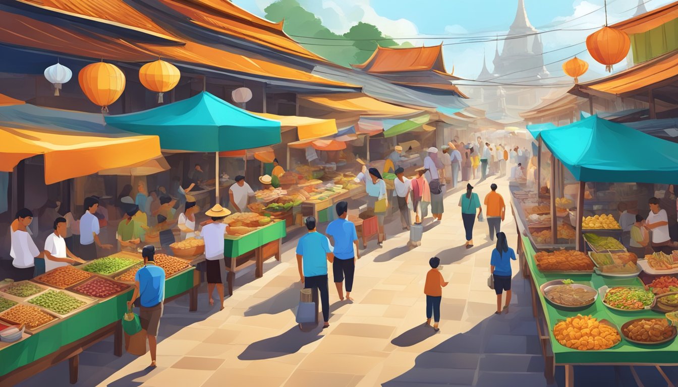 Vibrant street market with colorful Thai architecture, bustling with locals and tourists, surrounded by traditional Thai food stalls and cultural displays