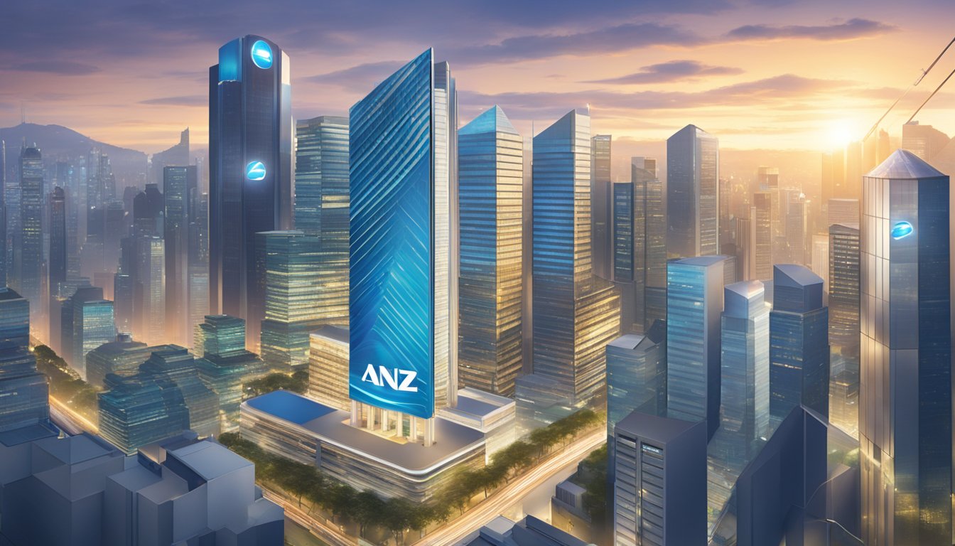 The ANZ Bank Singapore logo shines brightly against a backdrop of a bustling financial district, symbolizing strength and stability