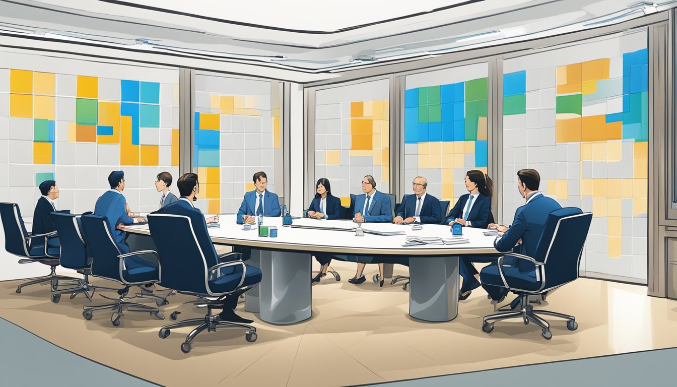 A boardroom table with executives in discussion, ANZ Bank logo on the wall, charts and graphs displayed, emphasizing leadership and corporate governance
