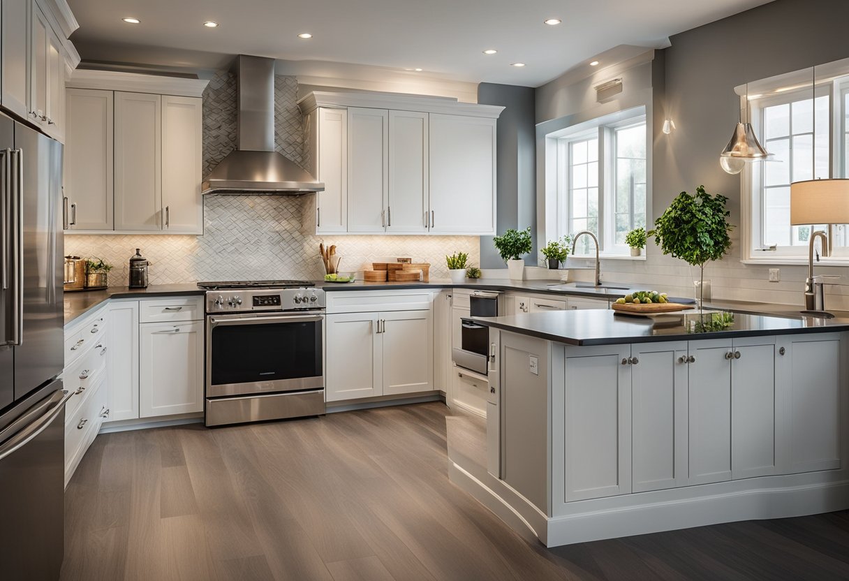 The kitchen triangle design includes stove, sink, and fridge in a spacious, well-lit area. Cabinets and countertops are neatly organized around the triangle
