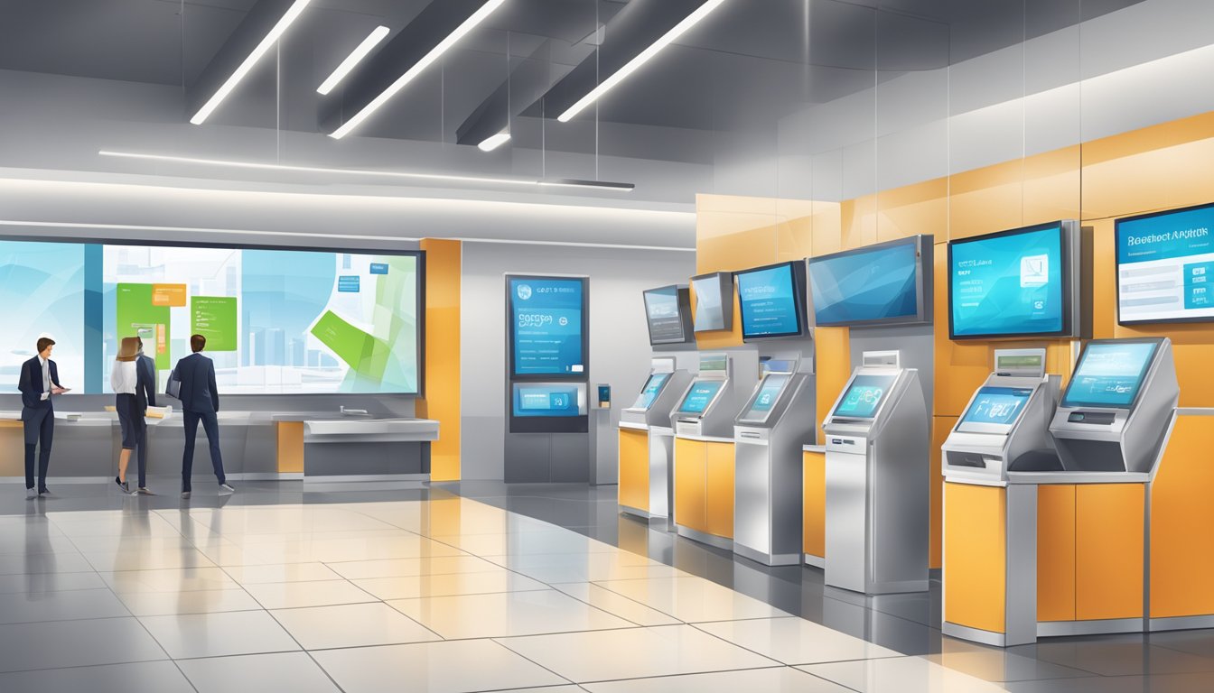 A modern bank branch with digital screens, self-service kiosks, and mobile app advertisements