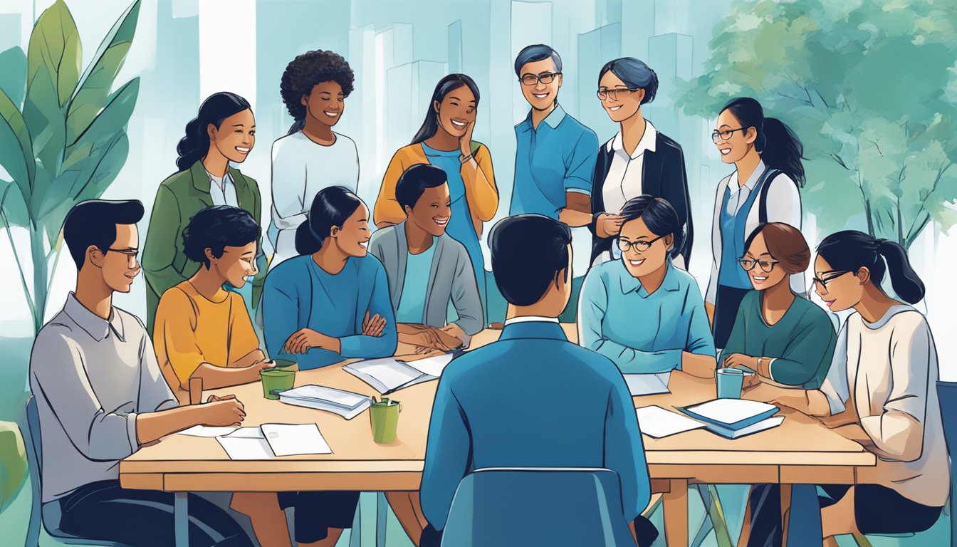 A group of people from diverse backgrounds gather around a table, discussing community projects and social responsibility. ANZ Bank's logo is prominently displayed, symbolizing their commitment to making a positive impact in Singapore