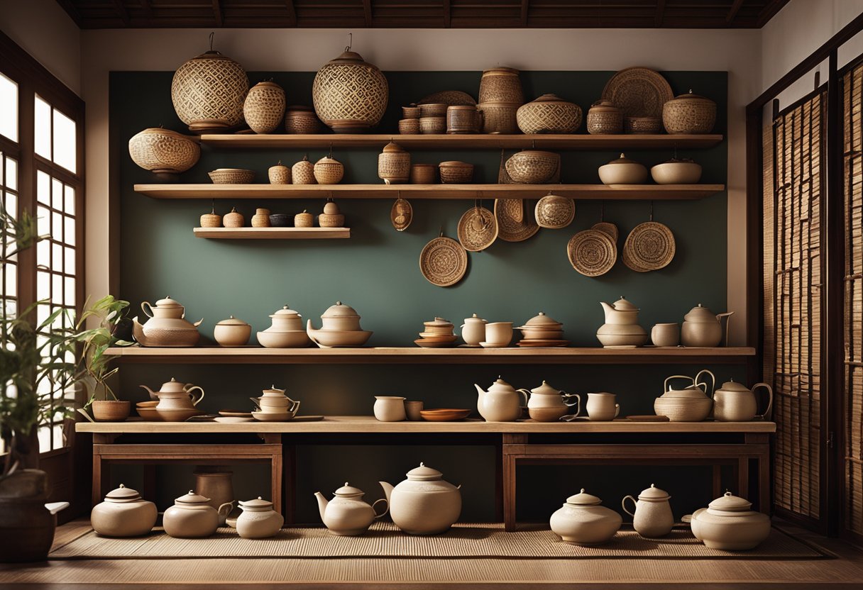 An oriental kitchen with low tables, floor cushions, bamboo screens, and hanging lanterns. Traditional pottery and tea sets adorn the shelves