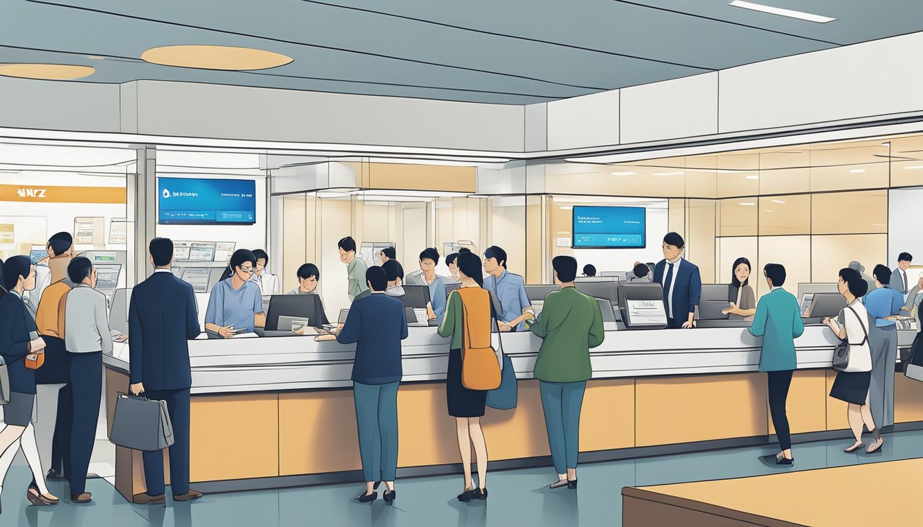 A crowded and bustling ANZ Bank branch in Singapore, with customers queuing up at the teller counters and financial advisors engaged in discussions with clients. The atmosphere is filled with a sense of urgency and determination