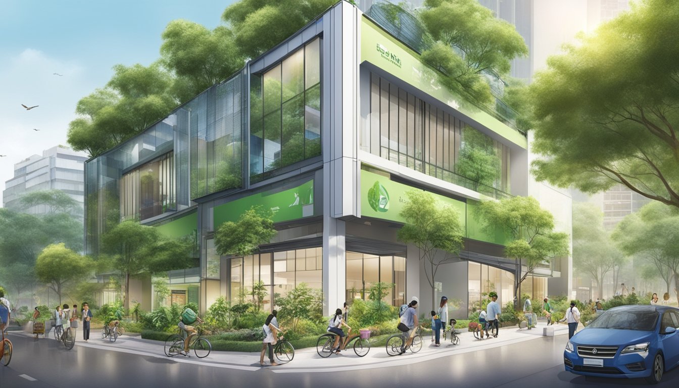 The Bank of East Asia Singapore: A modern, eco-friendly building with lush greenery, solar panels, and recycling bins. A diverse group of people engage in community outreach and environmental initiatives