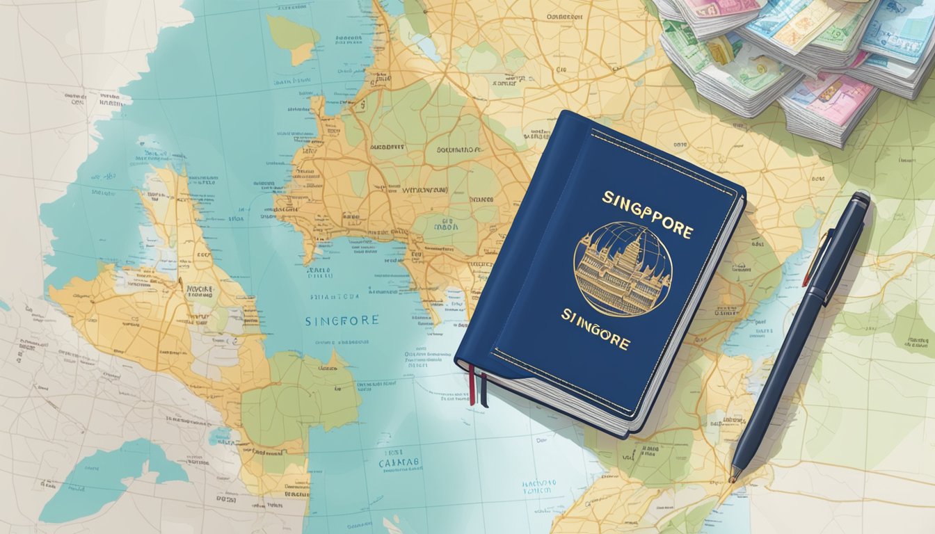 A table with a passport, travel guide, currency, and a map of Bangkok and Singapore