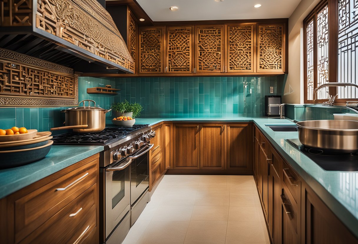 An oriental kitchen with traditional decor, bamboo accents, and a large central cooking area. Bright colors and intricate patterns adorn the walls and cabinets