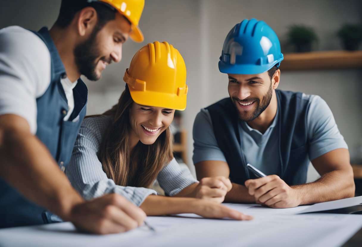 A couple reviews loan options while contractors assess their home for renovation