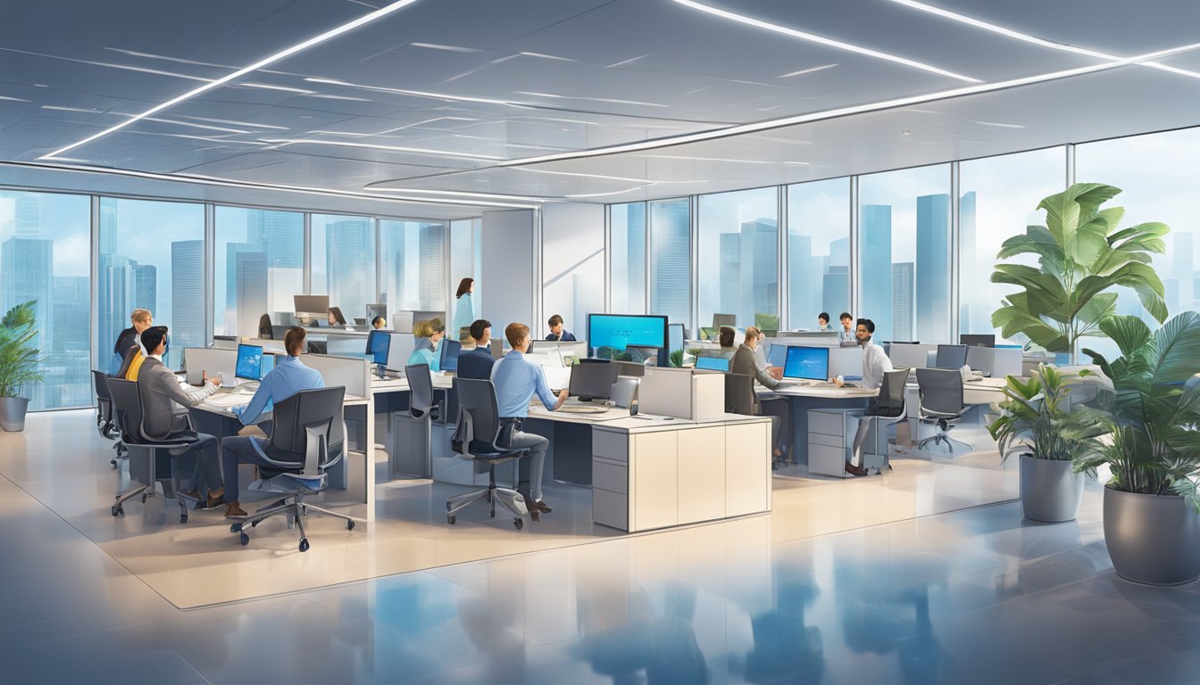 ANZ Bank Singapore: A diverse group of global partners collaborating in a modern office setting, with digital and physical elements symbolizing connectivity and innovation