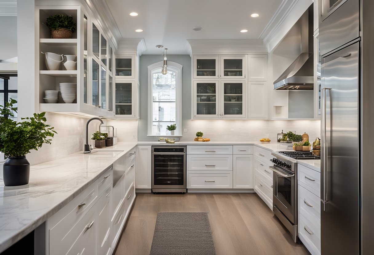 A sleek, modern galley kitchen with white cabinets, stainless steel appliances, and a marble countertop. Open shelving and pendant lighting add to the contemporary design