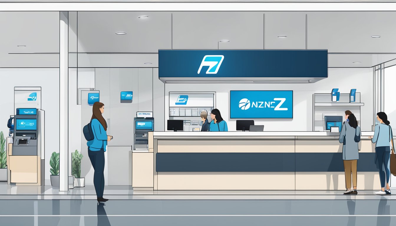 A modern, sleek bank branch with the ANZ logo prominently displayed. Customers using self-service machines and talking to staff