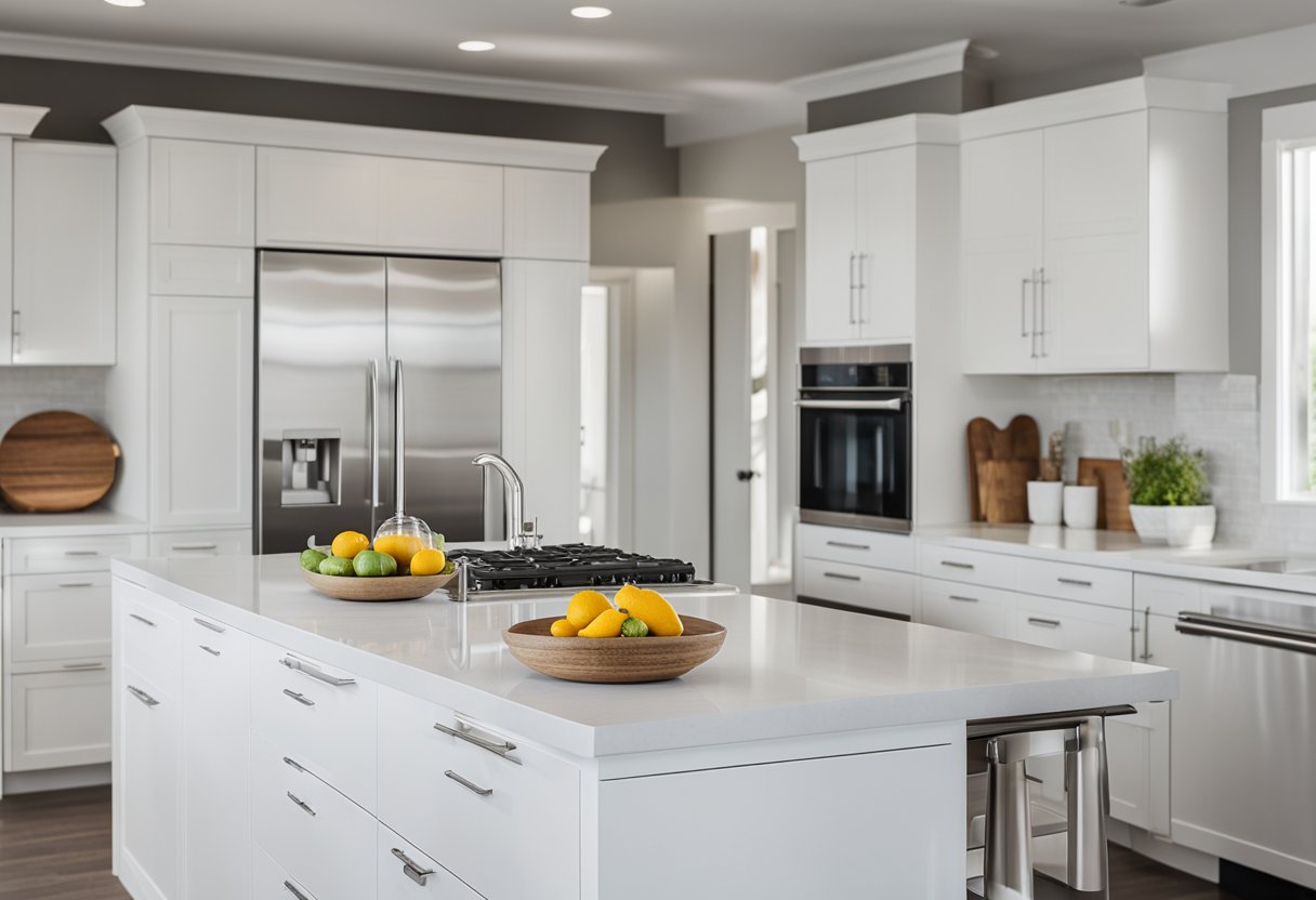 A bright, modern galley kitchen with sleek white cabinets, stainless steel appliances, and a stylish island with a quartz countertop