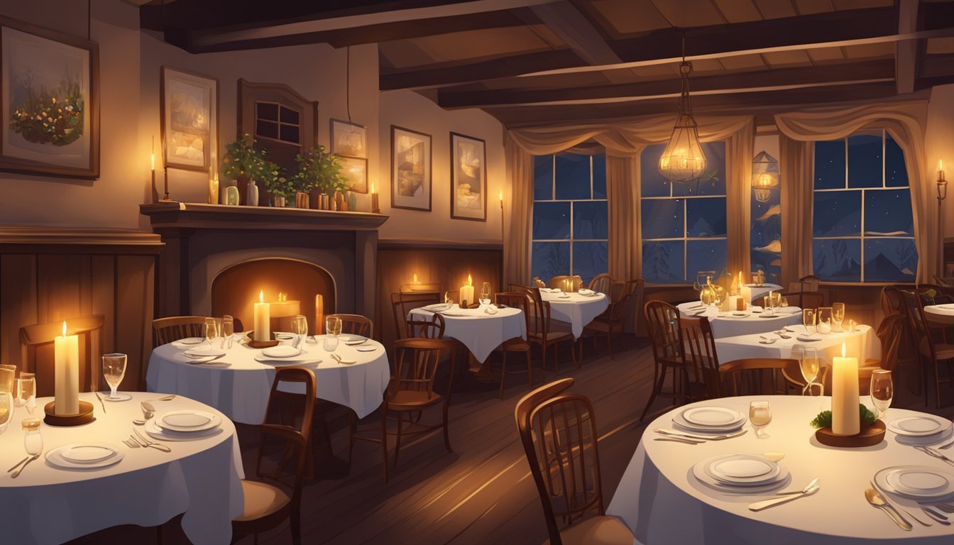 A cozy 1819 restaurant with dim lighting, vintage decor, and a crackling fireplace. Tables are set with elegant tableware and flickering candles