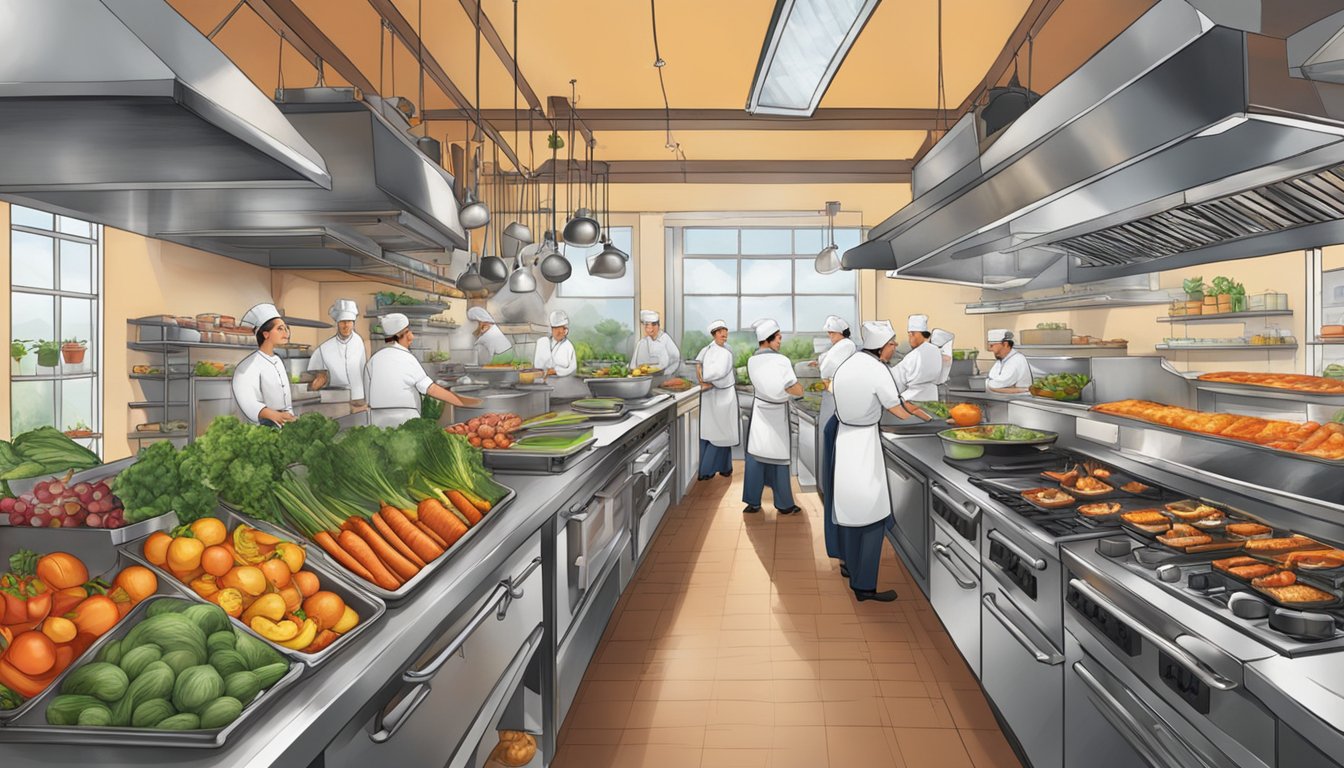 A bustling restaurant kitchen with chefs cooking on open flames, surrounded by shelves of fresh produce and hanging pots and pans
