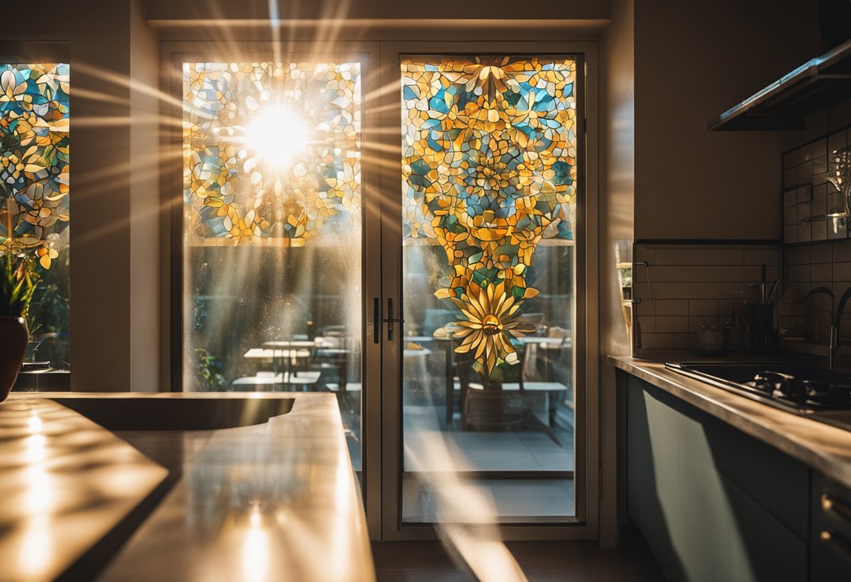 The sunlight streams through the intricate kitchen window glass design, casting colorful patterns across the room