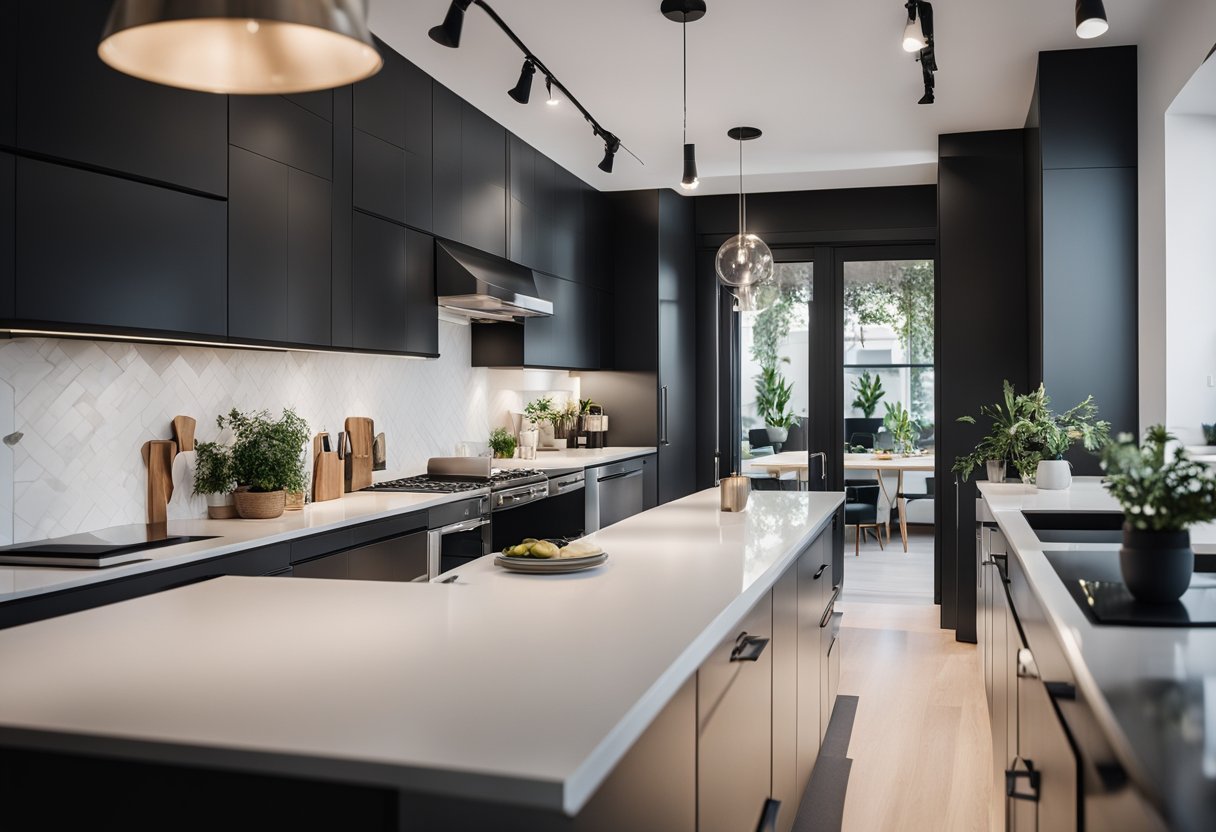 A galley kitchen with sleek, modern design features Ikea cabinets, minimalist decor, and personalized touches like unique artwork and stylish accessories
