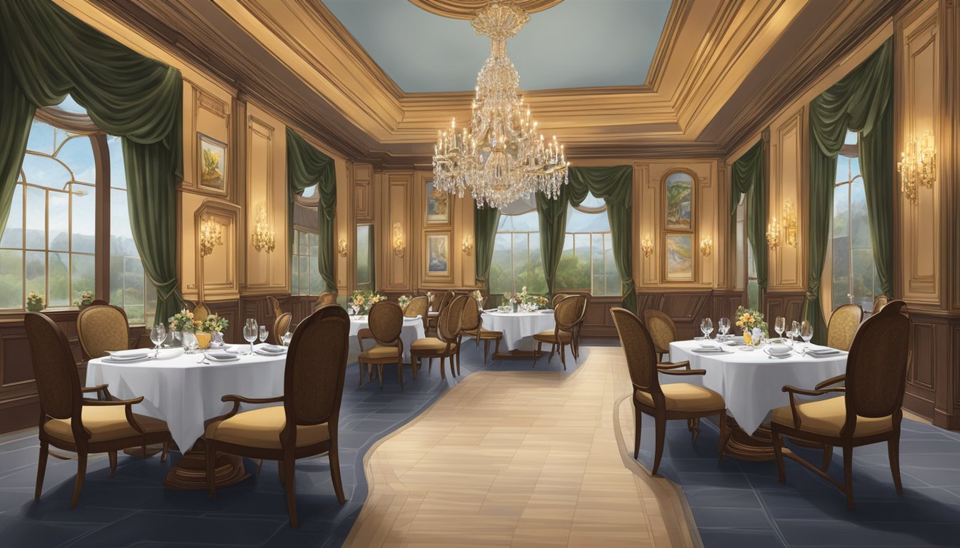 The elegant 1819 restaurant features a grand chandelier, ornate table settings, and a roaring fireplace, creating a luxurious and inviting dining atmosphere