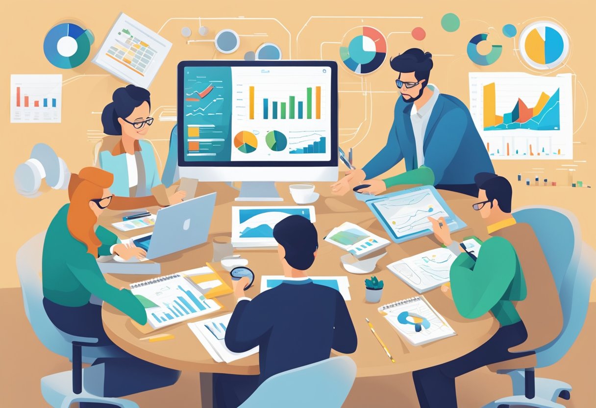 A group of SEO professionals gather around a table, discussing and analyzing various SEO auditing tools. Charts and graphs are spread out, as they collaborate to find the most economical solutions
