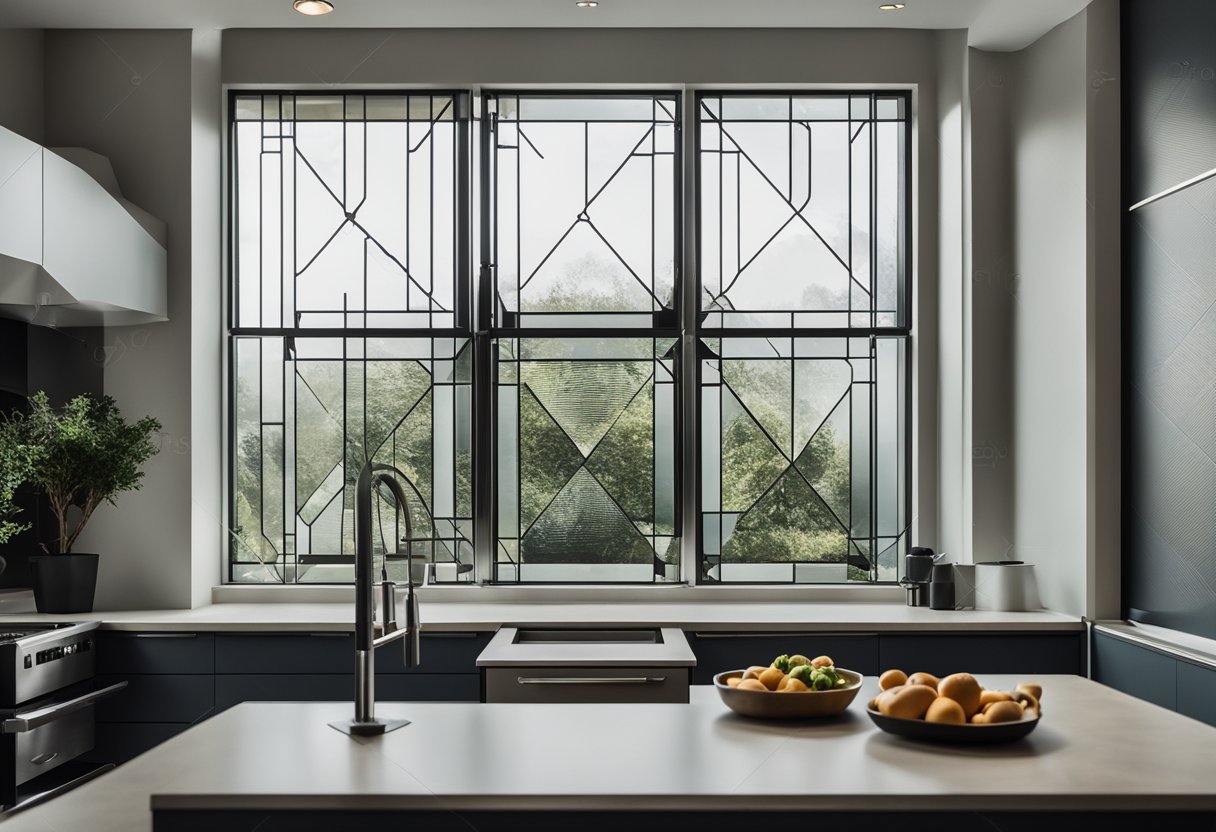 A modern kitchen window with geometric frosted glass design, allowing natural light to filter through
