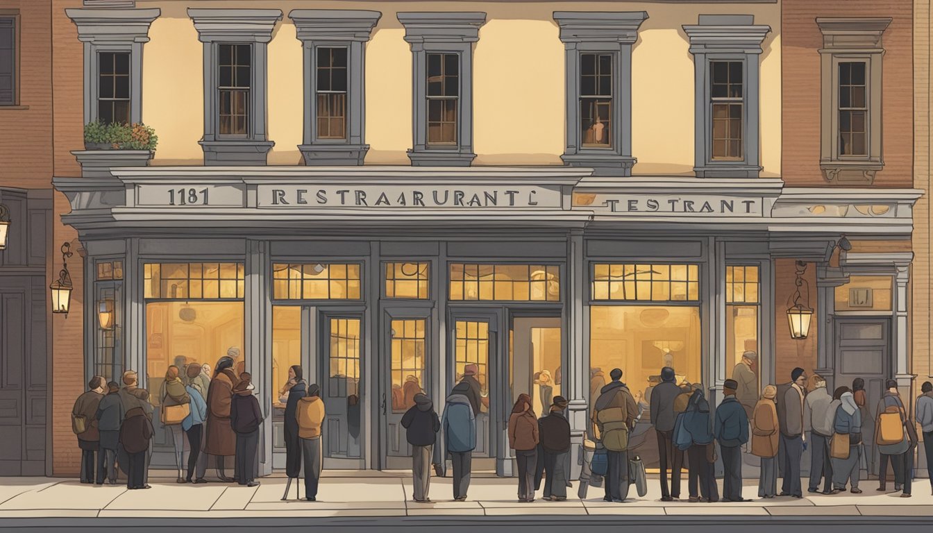 Customers lining up outside the entrance of the 1819 restaurant, eagerly waiting to be seated. The restaurant sign is prominently displayed above the door, and the interior is warmly lit with a cozy ambiance