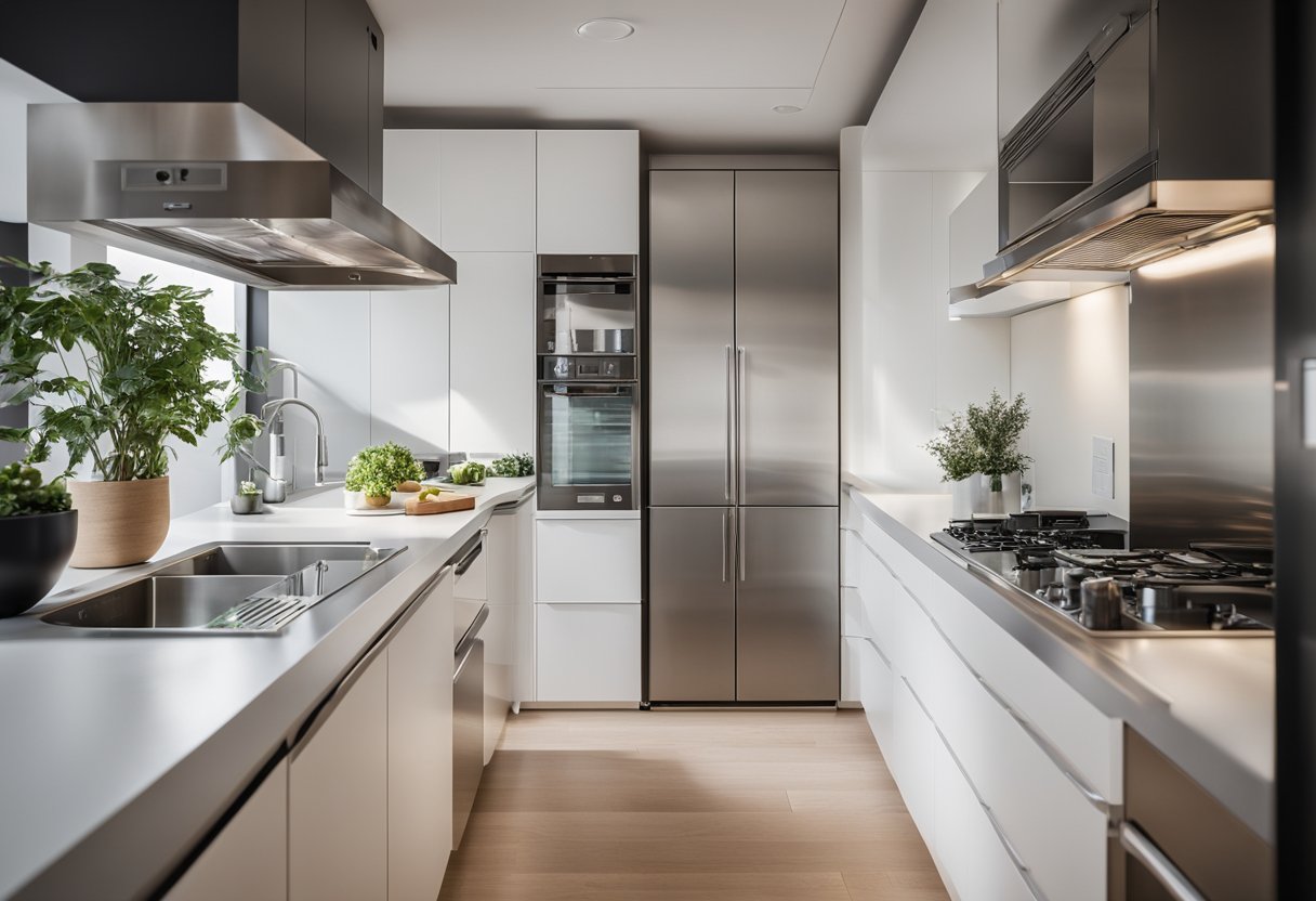A small, efficient galley kitchen with sleek, modern Ikea designs. Clean lines, minimalistic decor, and smart storage solutions create a functional space