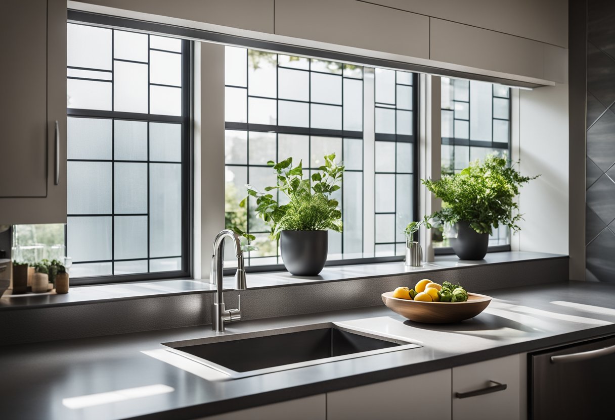 The kitchen window features a sleek, modern design with frosted glass panels and stainless steel accents, allowing natural light to filter through while maintaining privacy